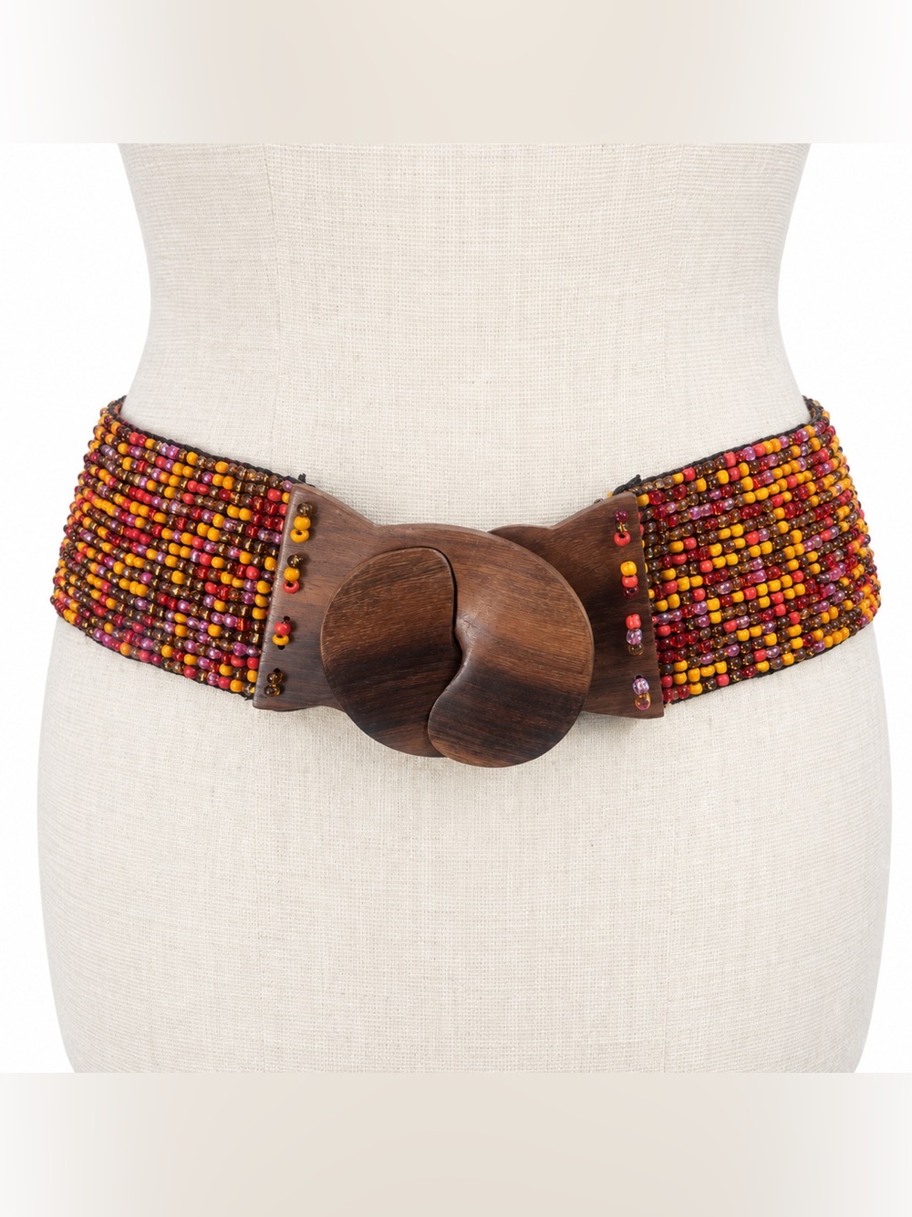 Vintage Handmade Multicolor Beaded Belt With Carved Wood Buckle 34”